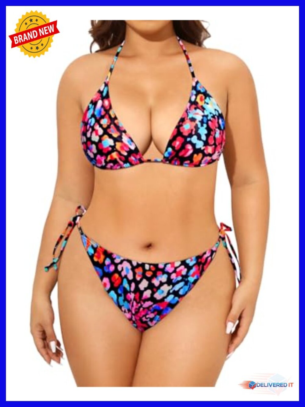 Plus Size Halter Triangle Bikini Set Tie Side Swimsuit Two Piece
